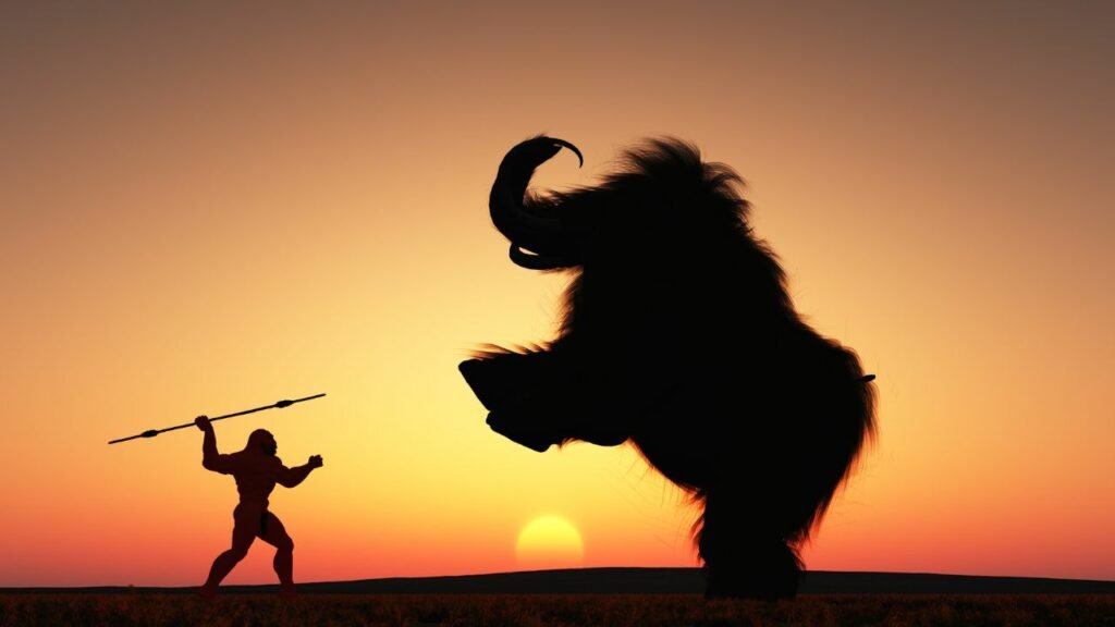 Stone age people hunting mammoths