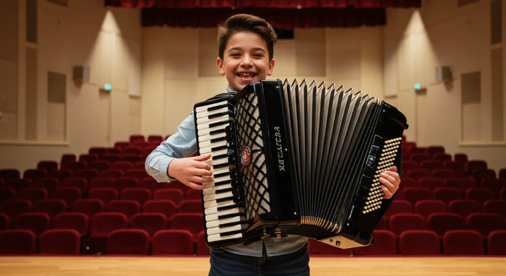 Various Types of Accordions and A Child Playing An Accordion