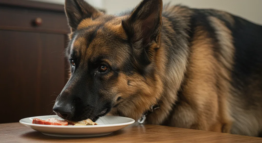 German Shepherd Eating Meat And Protein based diet