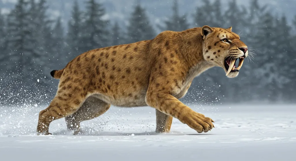 Smilodon saber-tooth tiger, an extinct prehistoric big cat species, shown in its natural habitat.