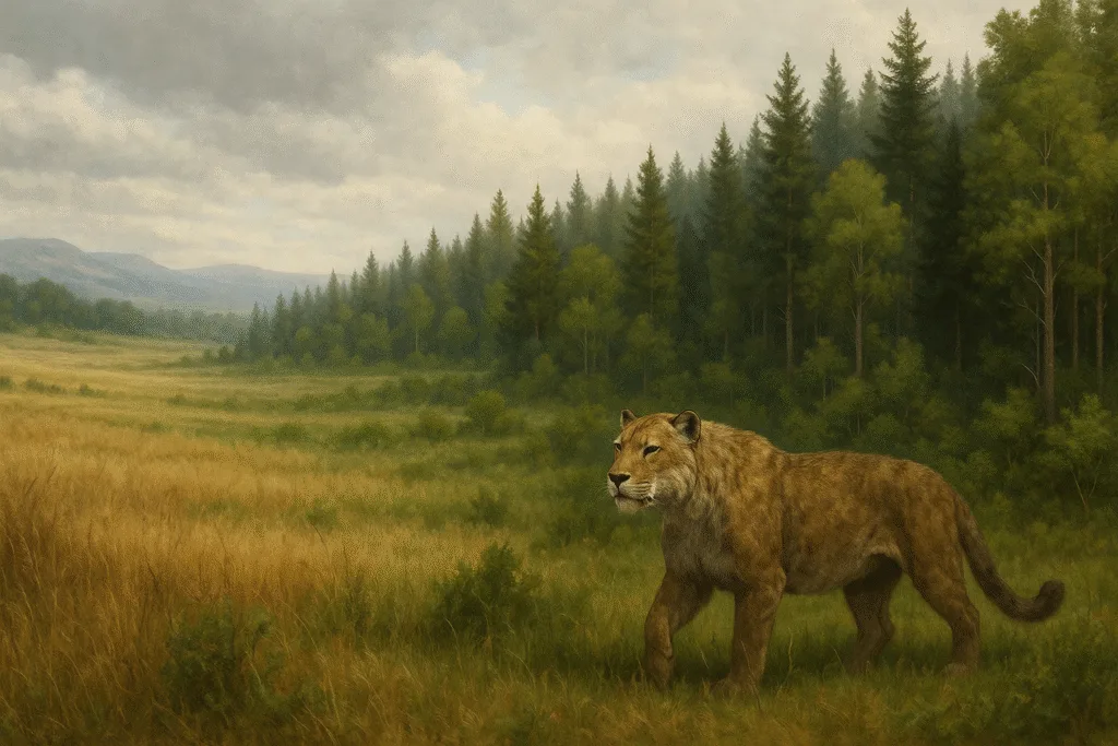 Smilodon walking through an Ice Age grassland transitioning into dense forest due to climate change