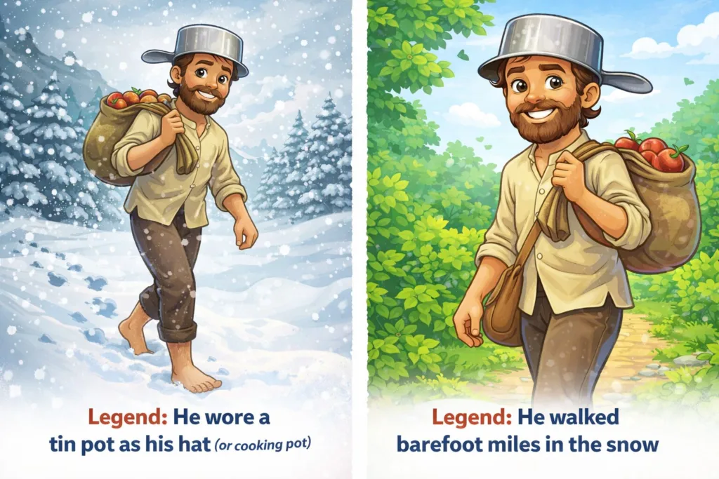 Common Legends & Myths About Johnny Appleseed. Legend: He wore a tin pot as his hat (or cooking pot). Legend: He walked barefoot miles in the snow.