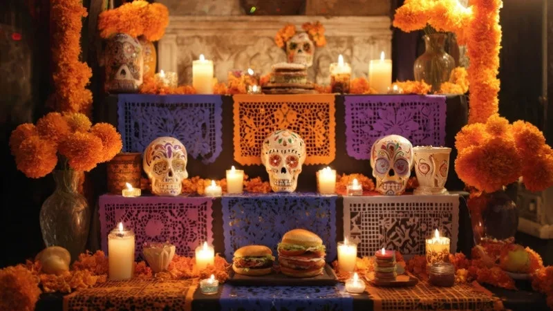 A tiered Day of the Dead altar lit by candles, with decorated sugar skulls, orange marigolds, purple and orange papel picado and plates of food.