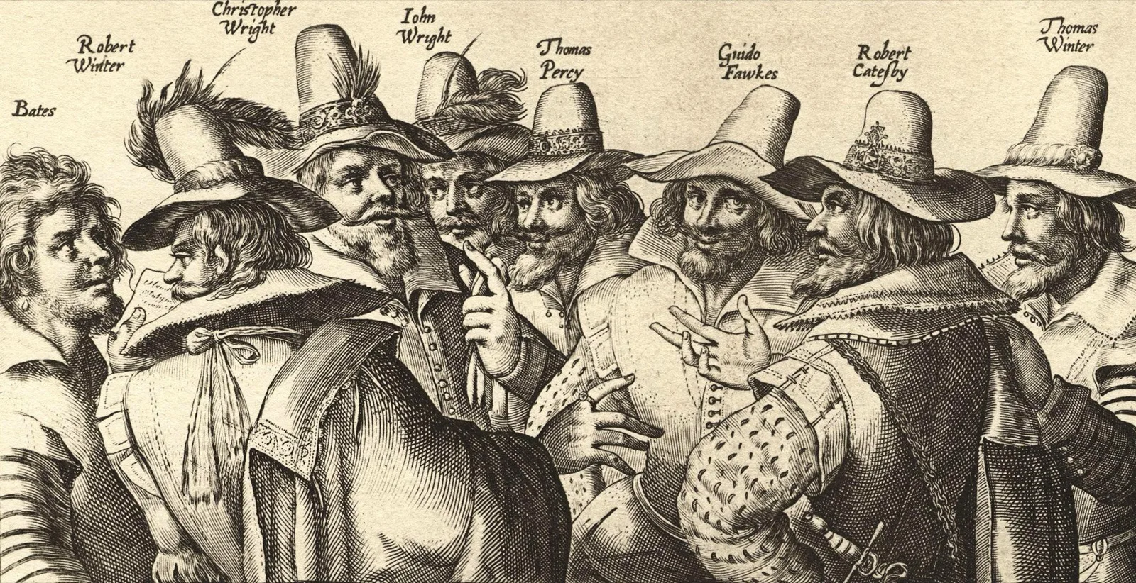 An old engraving of eight of the Gunpowder plotters in tall hats and cloaks, talking in a group, with their names written above their heads.
