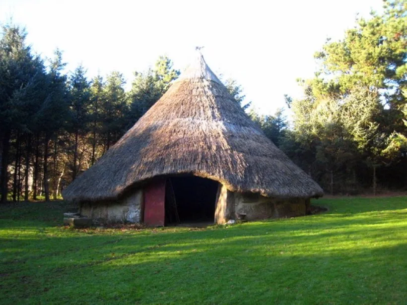 A round building with low stone walls and a tall conical thatched roof standing on grass in front of trees.