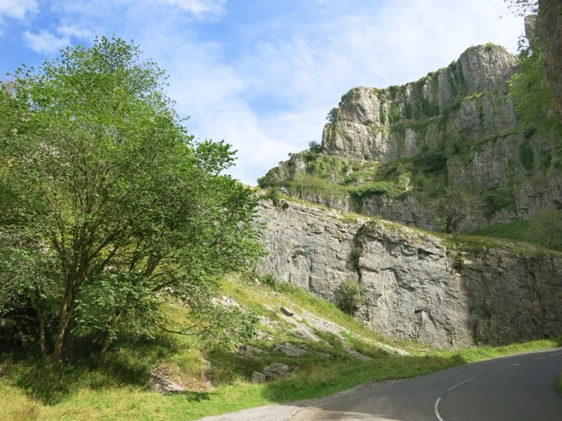 Tall grey limestone cliffs above a winding road, with trees growing on the slopes.