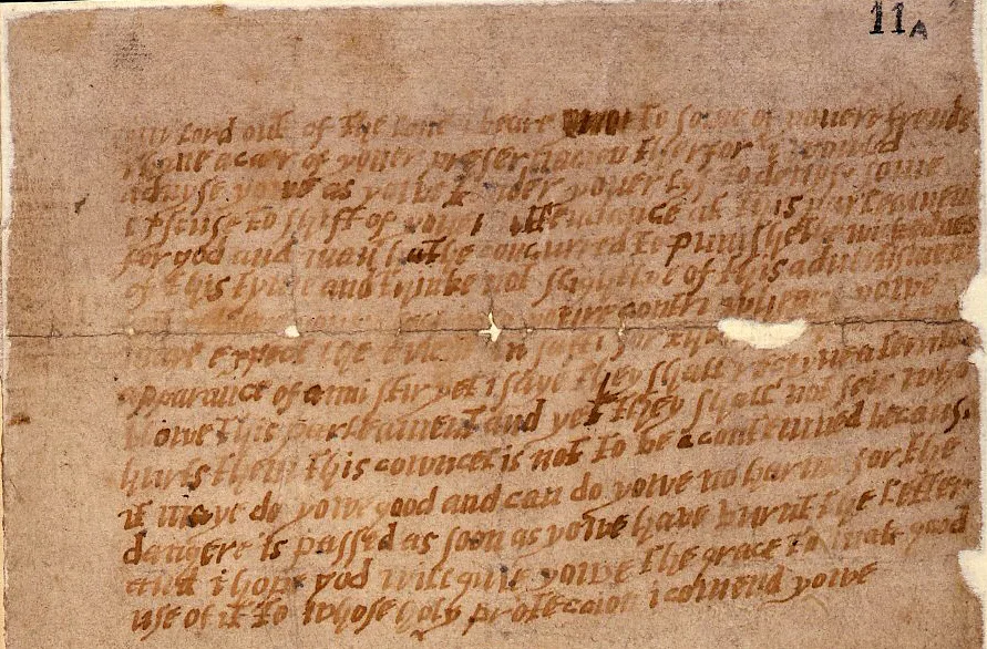 The handwritten, unsigned letter that warned Lord Monteagle to stay away from Parliament in 1605, in faded brown ink.