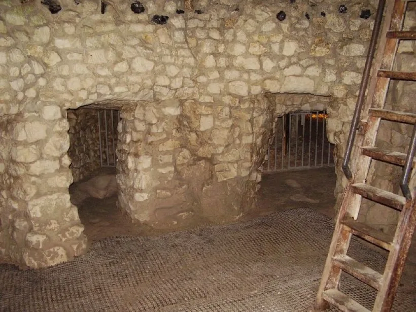 The chalk-walled floor of a mine shaft with low tunnels running off sideways, and a wooden ladder at the right.