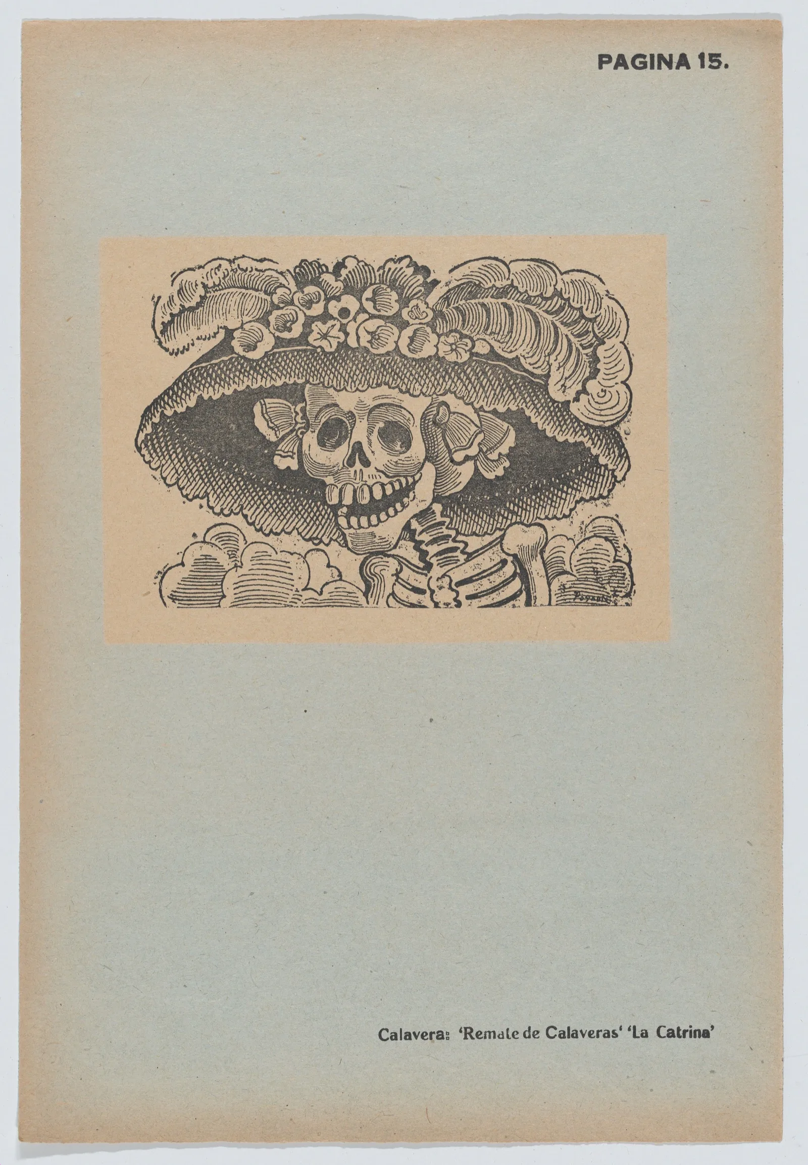 José Guadalupe Posada's print of a grinning skeleton's head and shoulders under a huge hat decorated with flowers and feathers.