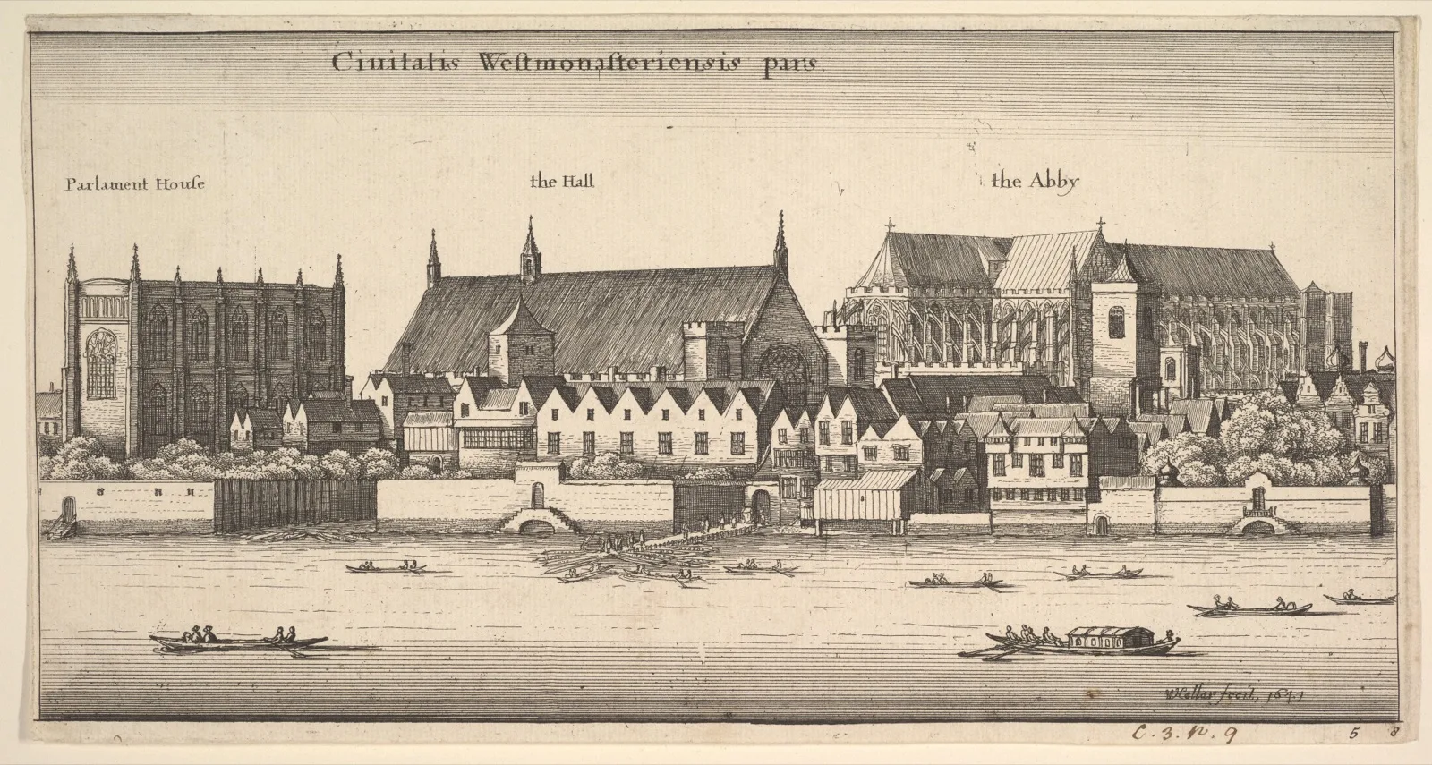 An old etching of Westminster seen from the River Thames, with Parliament House, Westminster Hall and the Abbey labelled, and small boats on the water.